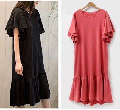 欧美外贸夏季新款大码圆领荷叶袖针织长裙胖妹宽松T恤上衣连衣裙