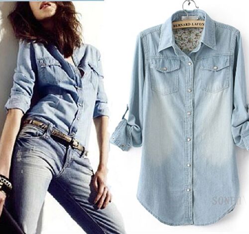 2019New Denim Shirt Women Long Sleeve Turn-Down Jeans Blouse