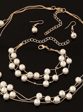 Pearl Necklace Earrings Bracelet women珍珠项链耳环手链套装