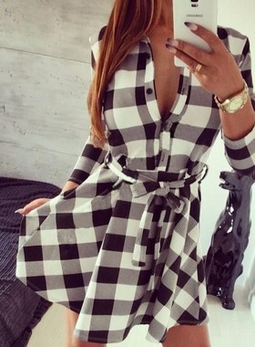 lady's Black white grid bandage dress woman fashion shirt