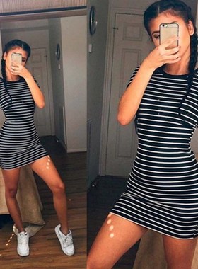 2017 new striped Short Sleeve Dress 条纹短袖连衣裙 圆领