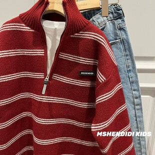 26新 韩国童装 过年穿啊 红色半拉链条纹套头半拉链衫男女童毛衣