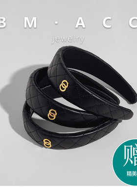 小羊皮黑色复古菱格纹轻奢发箍金属装饰潮流网红气质盘发头箍发饰