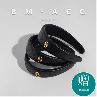 小羊皮黑色复古菱格纹轻奢发箍金属装饰潮流网红气质盘发头箍发饰