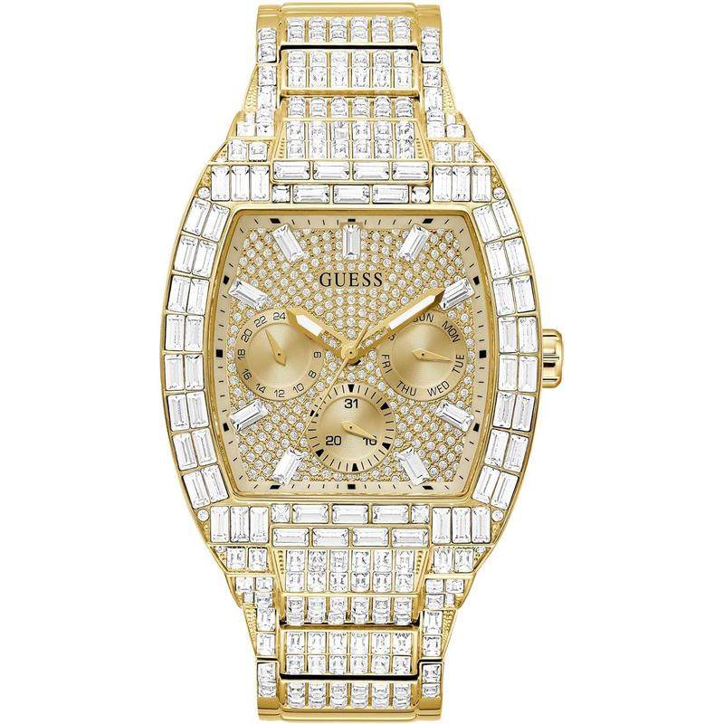 代购GUESS男士腕表日历夜光防水计时金色钢带镶钻矩形商务派对手