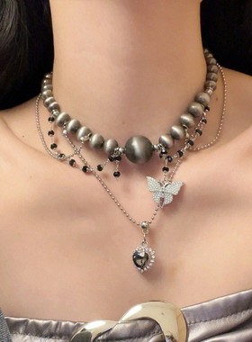 2026银灰色珠子蝴蝶爱心多层叠戴串珠气质复古高级感项链女辣妹锁