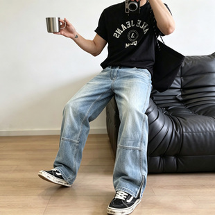 美式复古工装牛仔裤男 水洗做旧直筒阔腿裤脚拉链宽松休闲伐木裤