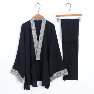 拼色古风睡衣套装纯棉家居服大码长裤中国风汉服薄款禅服青海浪领