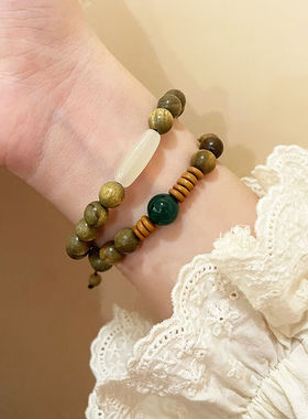 建禄双层绿檀木手串珠子玛瑙和田玉石木质制手链饰品女生日礼物送