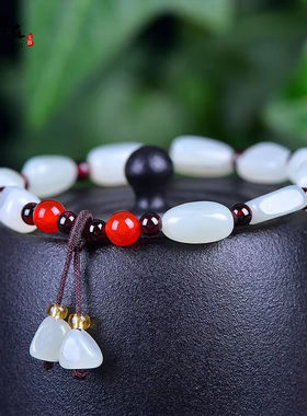 御玉华庭新年礼物天然和田玉手串石榴石配珠男女情侣款手链学生女