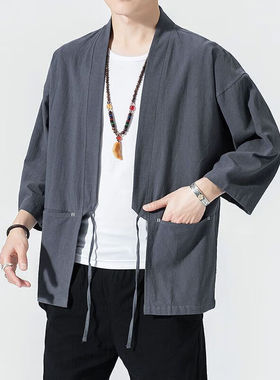 蓝骏启风汉服开衫道袍复古风唐装春秋居士禅服M713灰色M