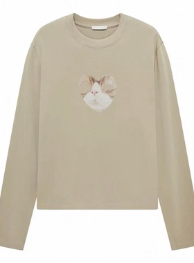 现货长袖T恤2026春新款简约风小猫印花棉质上衣3K1BA24