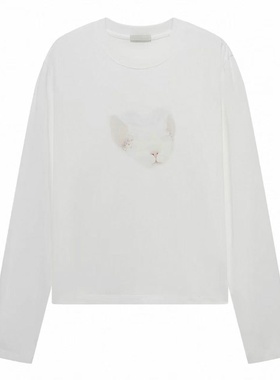 现货长袖T恤2026春新款简约风小猫印花棉质上衣3K1BA24