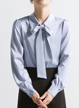CHICBLISS 缎面蓝色衬衫女长袖气质通勤蝴蝶结飘带衬衣女教资面试