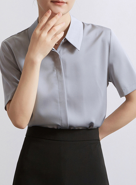 CHICBLISS 烟灰色缎面衬衫女衬衫女夏款暗门襟气质通勤衬衣女短袖