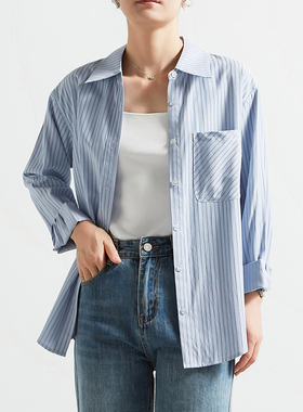 CHICBLISS 蓝色条纹衬衫女宽松春秋职场OL通勤气质翻领休闲衬衣女