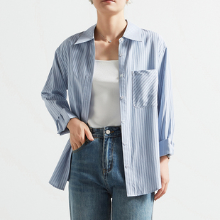 CHICBLISS 女宽松春秋职场OL通勤气质翻领休闲衬衣女 蓝色条纹衬衫