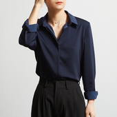 春秋通勤职业缎面衬衣女 女免烫抗皱气质新款 CHICBLISS 深蓝色衬衫