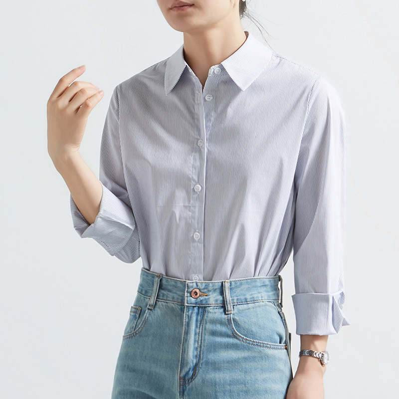 蓝白条纹衬衫女秋冬内搭长袖衬衣
