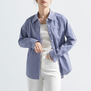 春秋新款 女长袖 OL通勤休闲宽松衬衣女外穿 蓝色格子衬衫 CHICBLISS