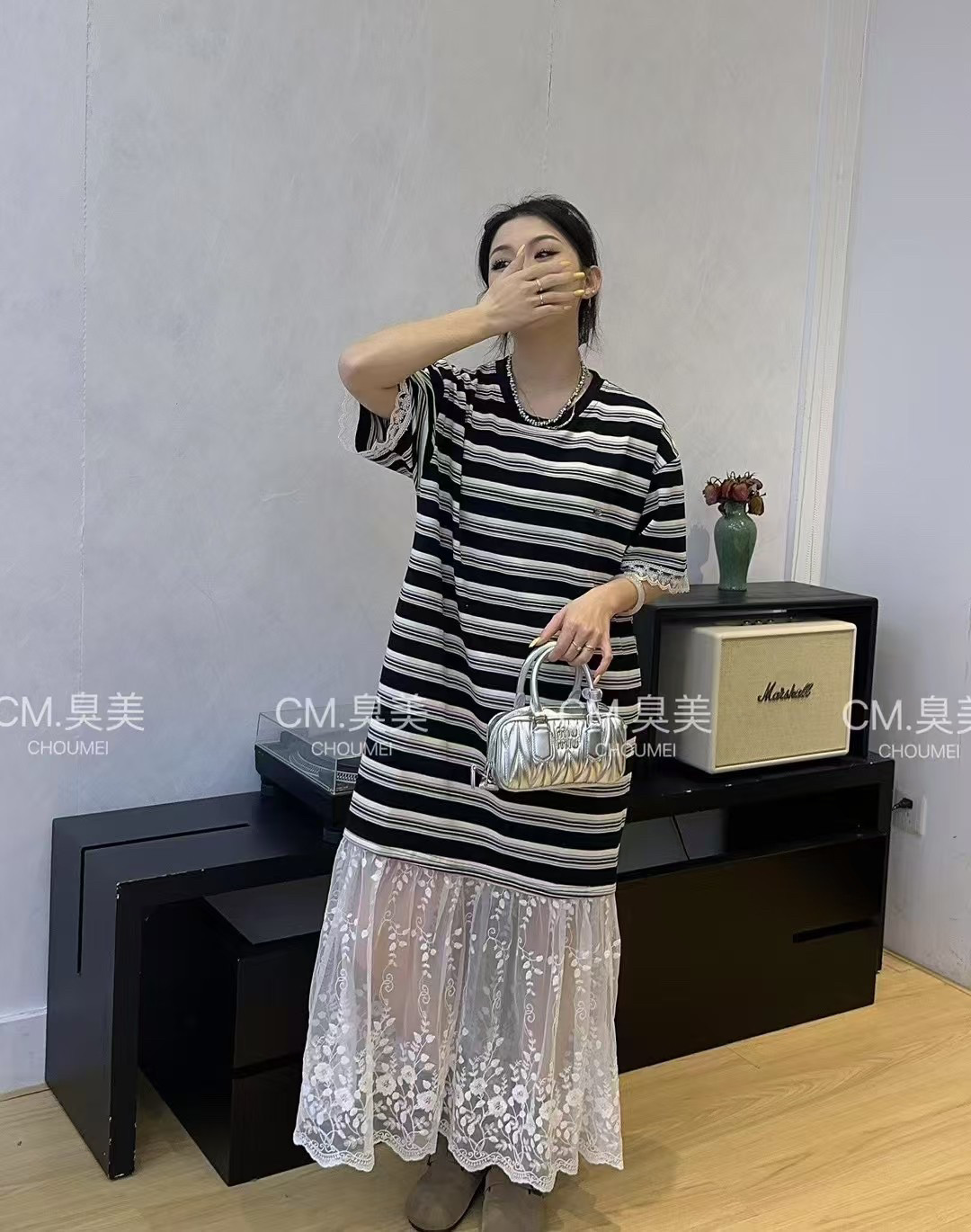 2025夏季新款韩版设计感条纹拼接宽松显瘦百搭短袖连衣裙女款裙子