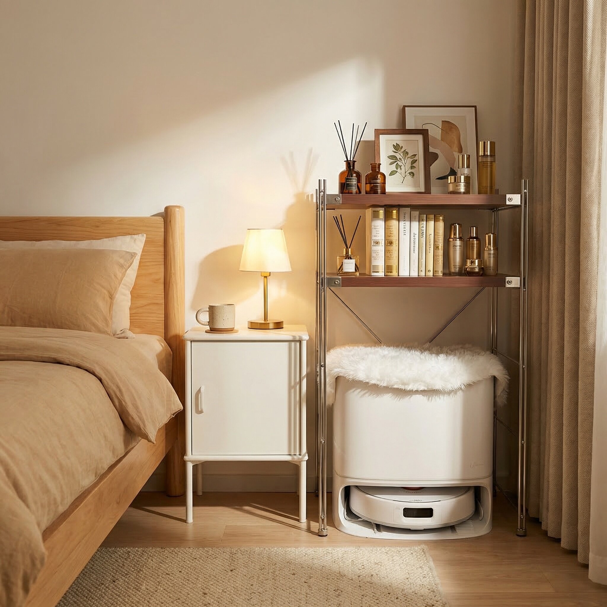 中古风扫地机器人置物架日式钢木下空收纳架子阳台储物架高脚书架