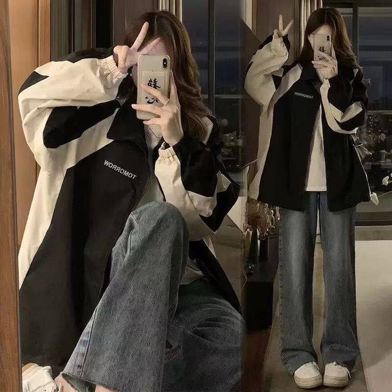 黑色美式冲锋衣外套女春秋款运动百搭防风学生薄款情侣夹克上衣潮