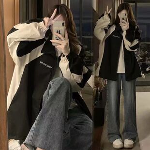 黑色美式冲锋衣外套女春秋款运动百搭防风学生薄款情侣夹克上衣潮