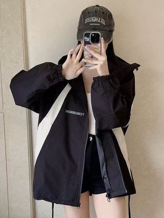 美式复古冲锋衣外套女春秋款运动学院风百搭撞色学生情侣夹克上衣