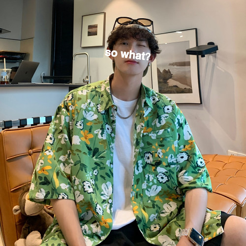 夏威夷风碎花衬衫男短袖海边