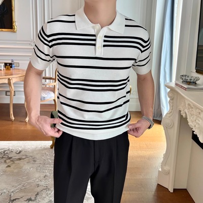 夏短袖POLO衫男经典条纹翻领T恤