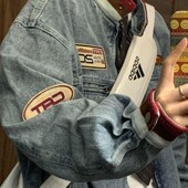 bei美式 外套男高级感痞帅 复古撞色拼接立领牛仔夹克贴标拉链开衫