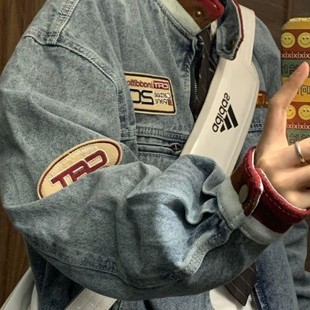 bei美式 外套男高级感痞帅 复古撞色拼接立领牛仔夹克贴标拉链开衫