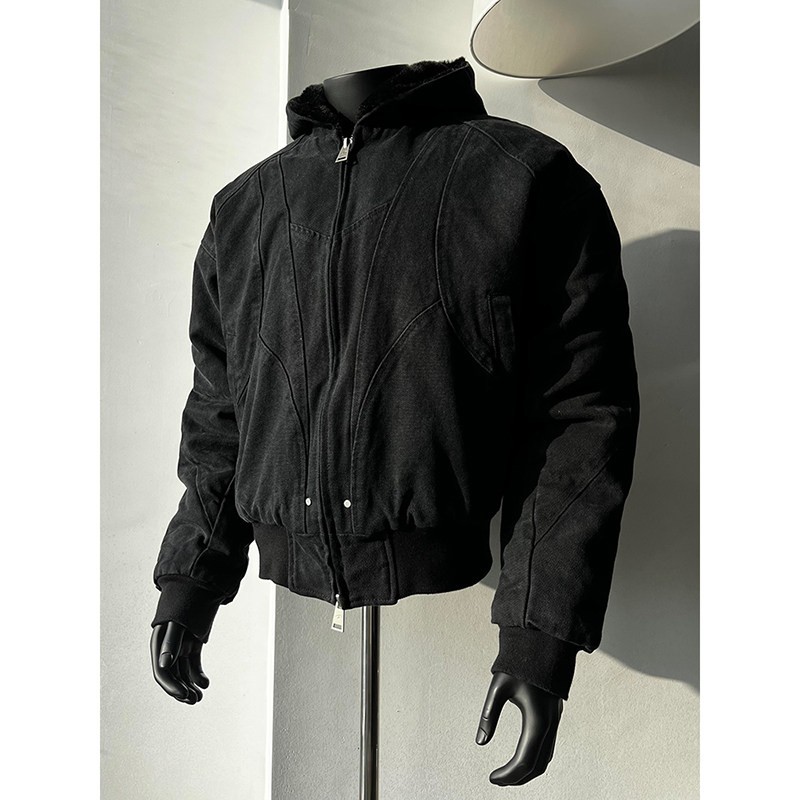 卡其色加绒外套男春秋季美式复古工装连帽棒球服高级感哈灵顿夹克