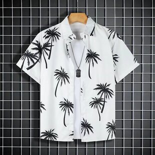 夏季椰子树印花短袖衬衫男痞帅花纹沙滩休闲薄纯棉衬衣潮流发型师