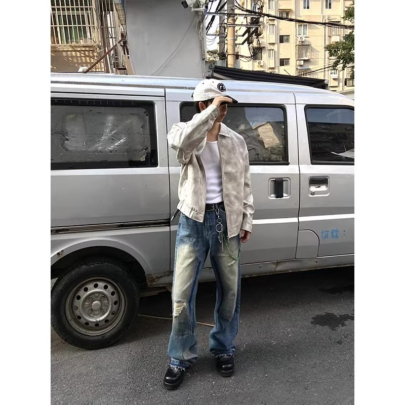 复古扎染皮衣外套男炸街机车夹克