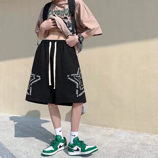 高街直筒五分裤 美式 夏季 男款 子 潮牌黑色5分运动抽绳篮球休闲短裤