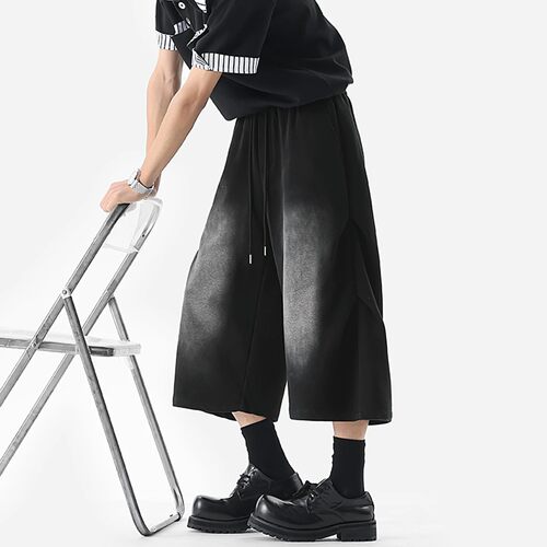 大码300斤短裤男七分裤夏季美式潮牌重磅水洗褶皱宽松阔腿7分马裤