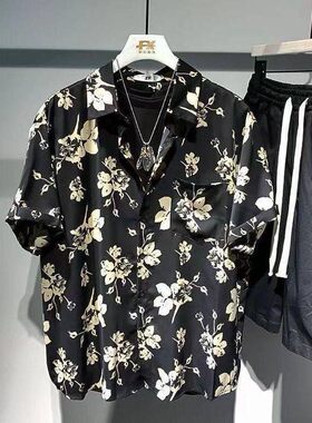 ins港味vintage古着感短袖花衬衫男泰国夏威夷复古衬衣痞帅外套潮