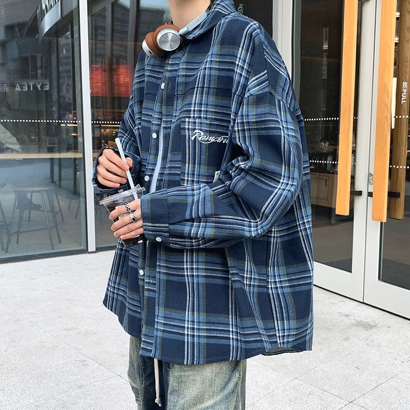 胖子秋季新款格子刺绣衬衫男长袖