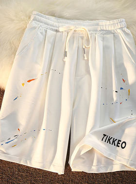 夏季休闲宽松大码短裤男款美式潮牌高街vibe字母印花抽绳五分裤