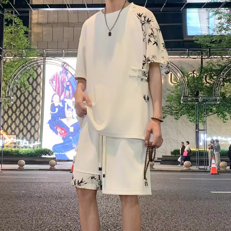 新中式国风套装男盘扣竹叶印花短袖冰丝垂感拼色T恤宽松休闲短裤