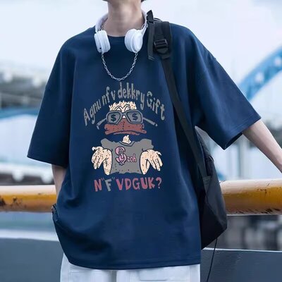 嘻哈高街痞帅宽松短袖T恤男款圆领重磅鸭子夏季卡通潮牌美式复古
