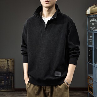 oversize复古半拉链立领针织T恤男秋冬欧棉绒宽松加大码 加肥卫衣