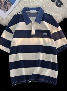青少年polo衫男短袖夏季新款日系条纹翻领t恤男孩纯棉衣服cityboy