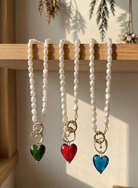 复古天然珍珠项链 韩国蓝色爱心几何项链 巴洛克天然珍珠欧美项链