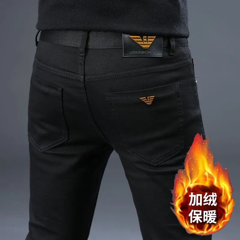 香港高端黑色加绒牛仔裤男秋冬新款修身小直筒弹力韩版百搭休闲裤