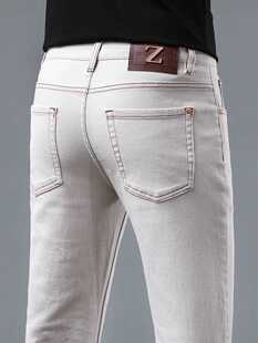 高端香槟杏色牛仔裤男潮牌秋冬款修身小脚弹力韩版百搭休闲长裤子