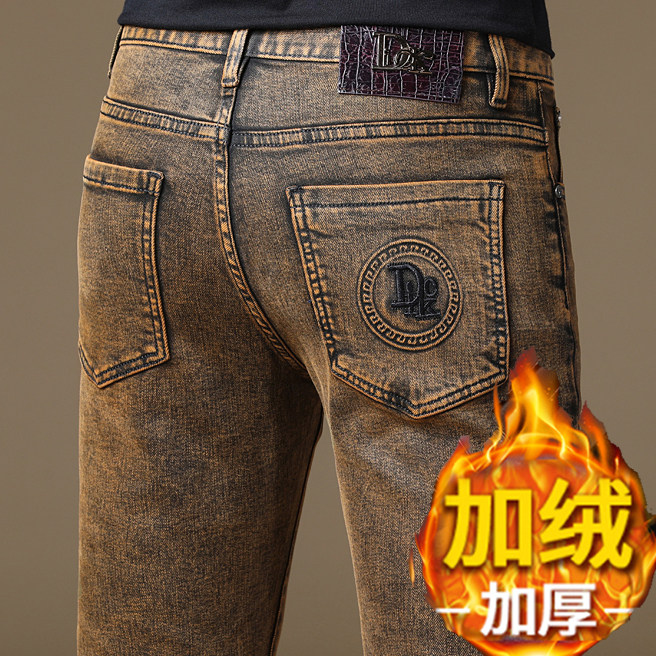 意大利高端加绒棕咖啡牛仔裤男2025秋冬新款修身小直筒潮流休闲裤