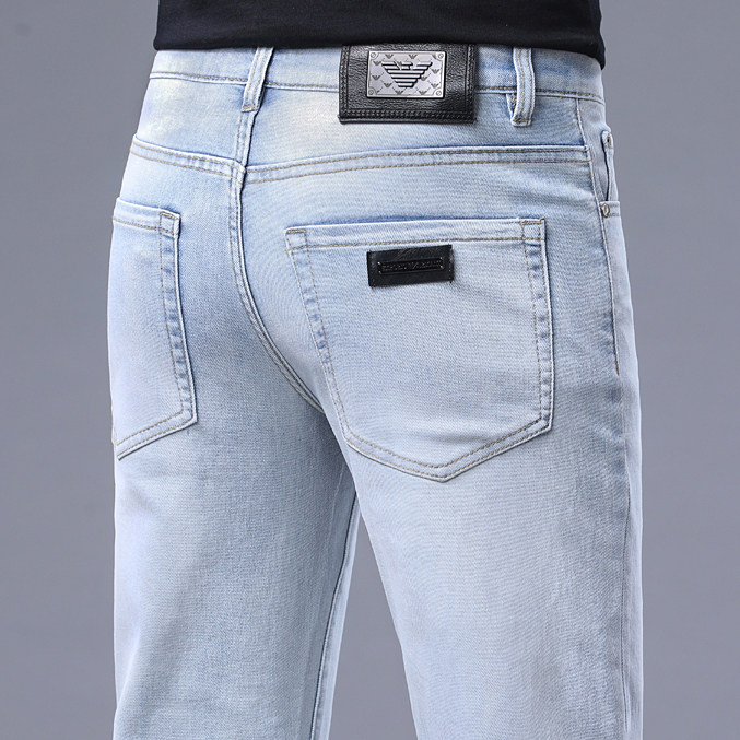 意大利高端纯棉春夏浅蓝色牛仔裤男士潮牌修身小直筒百搭休闲裤子